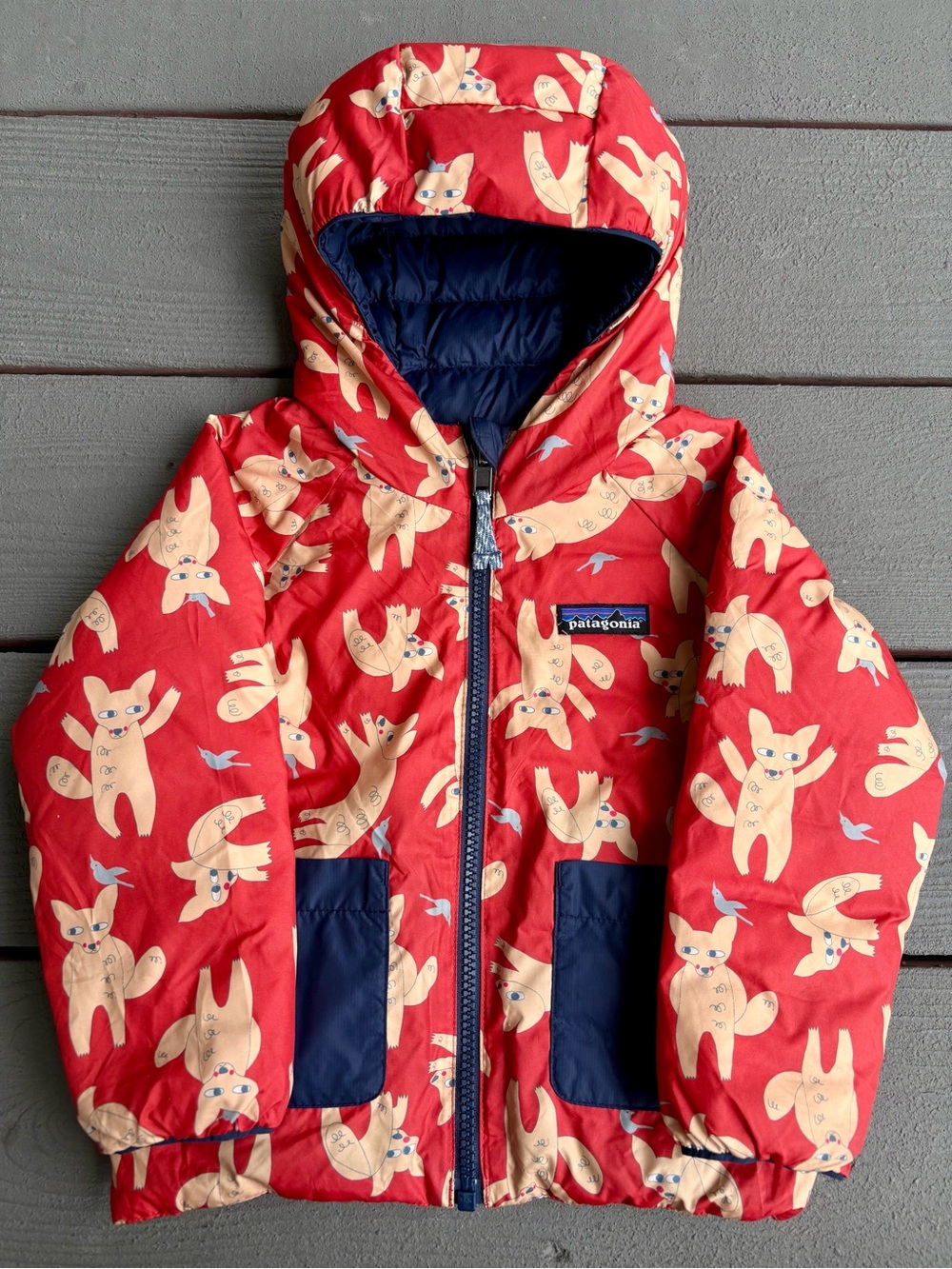 Patagonia Reversible Down Sweater Hoodie Toddler 2T Fox Chase Madder Red
